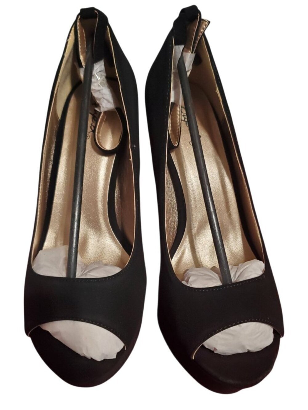 Qupid Peep-Toe Platform Heels W/ Gold Textured W/Ankle Strap Black/Gold Size 8 - Picture 3 of 12